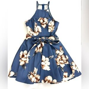 Privy Women’s Sz S Navy Beige Floral Print Fit and Flare Mini Dress High Neck